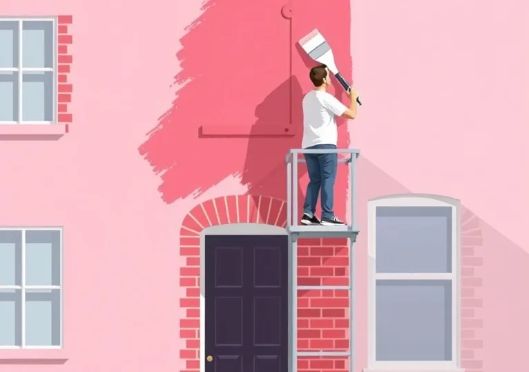 Peintre sur échafaudage traitant la façade d'une maison